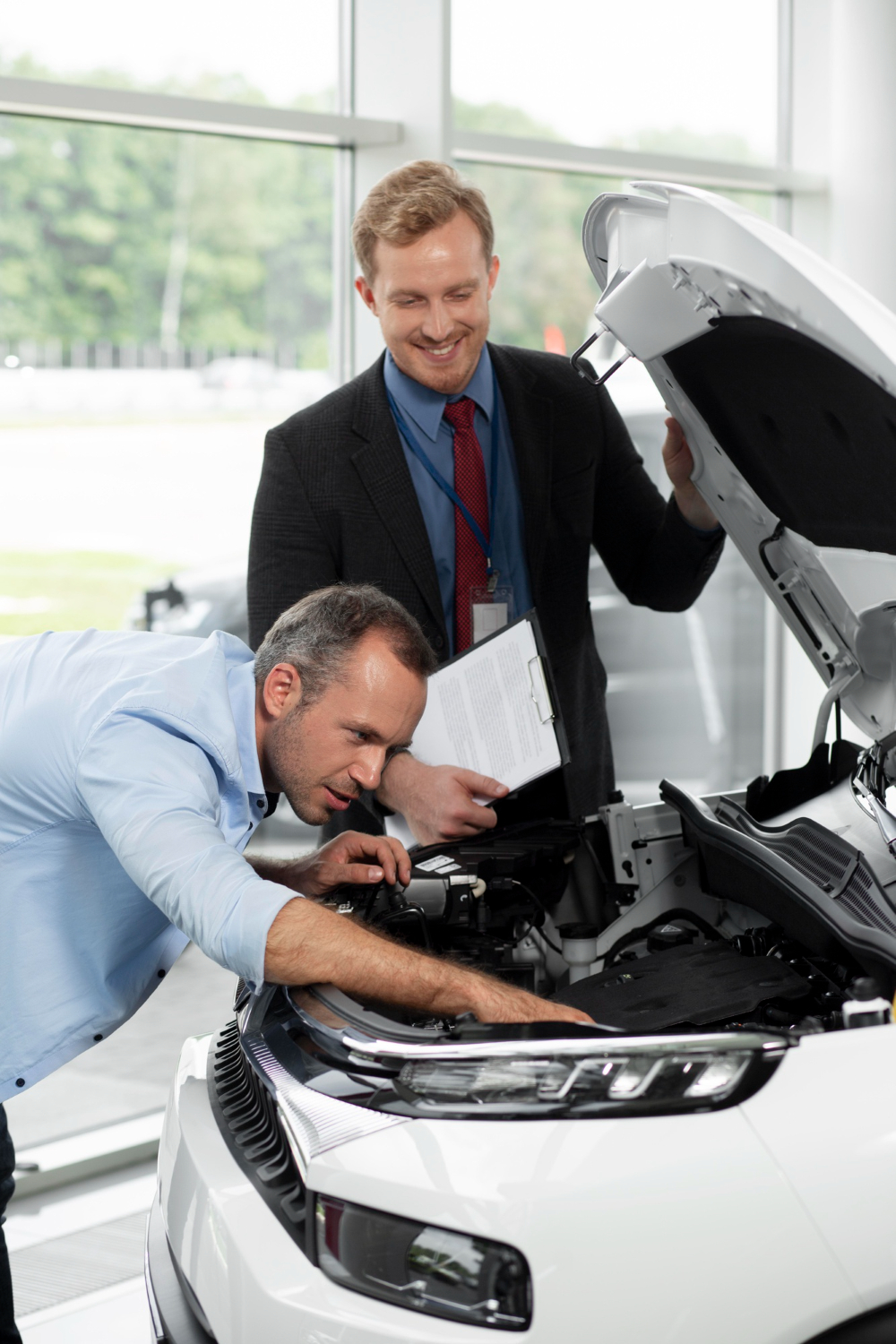 Customer discussing a warning light with a technician