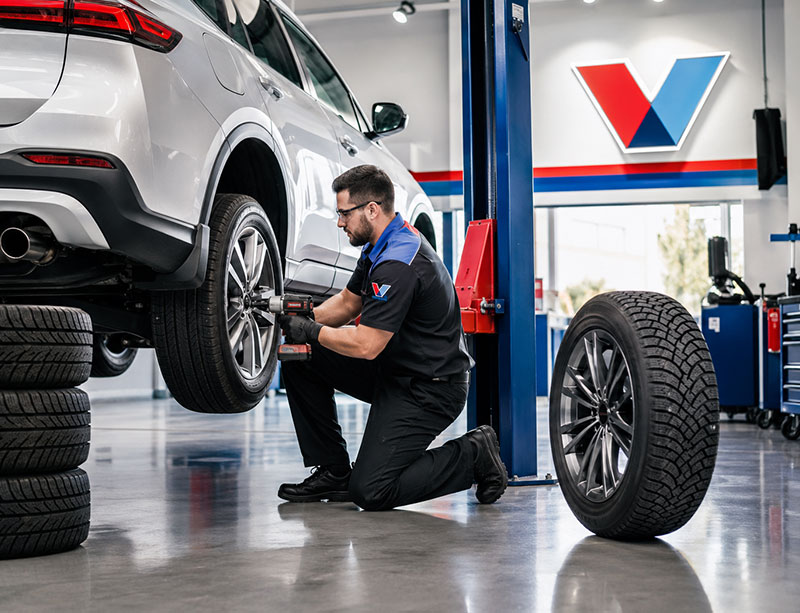 Seasonal tire change being carried out in the service bay