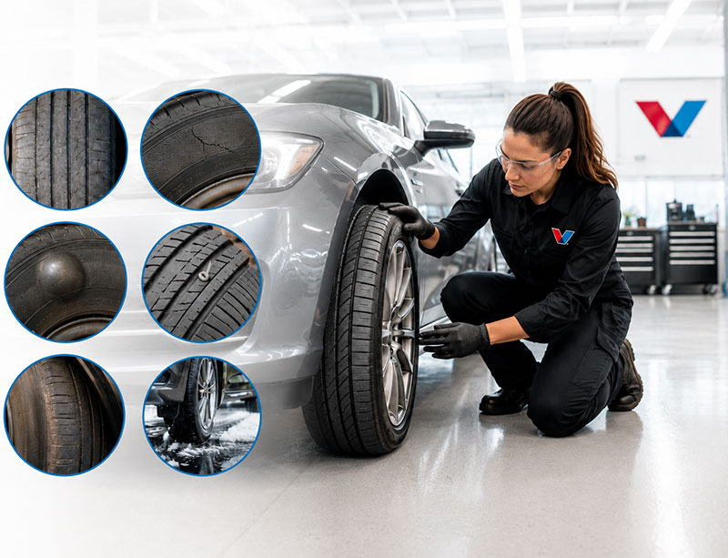 Technician measuring tire tread depth