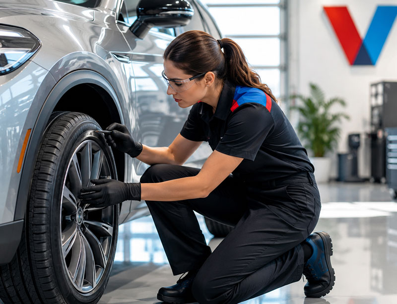 Technician checking a wheel and tire for uneven wear